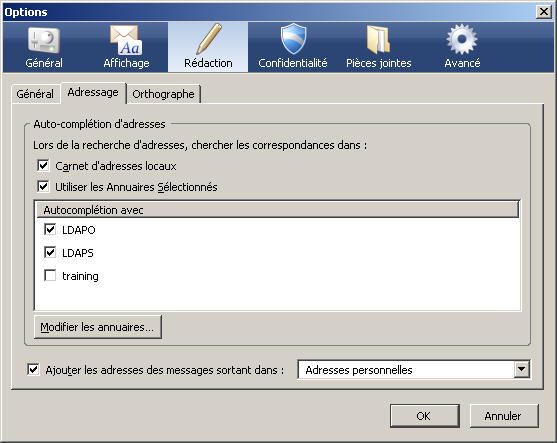 Configuration de l'extension Auto-complétion des destinataires avec des annuaires multiples